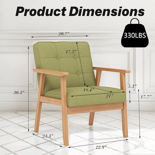 Modern Accent Chair with Arm Rest, Upholstered Linen Fabric Leisure Chair Comfy Side Chair with Backrest Button and Wooden Frame for Living Room Bedroom Reading(Green)
