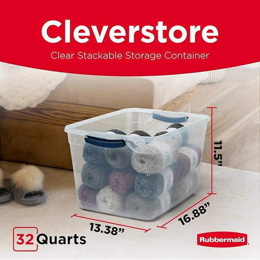 Rubbermaid Cleverstore Clear 32 Qt, 6 Pack Stackable Plastic Storage Bins with Lids, Great for Closet and Laundry Storage, Organizing in the Home