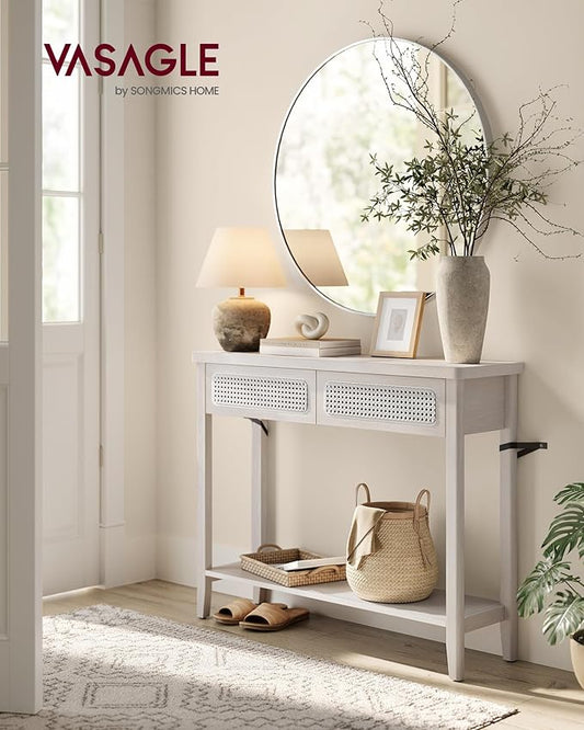 VASAGLE Console Table, Sofa Table, Narrow Entryway Table with 2 Drawers, Open Storage Shelf, Rounded Corners, for Living Room, Boho Style, Oatmeal Beige ULNT016K66