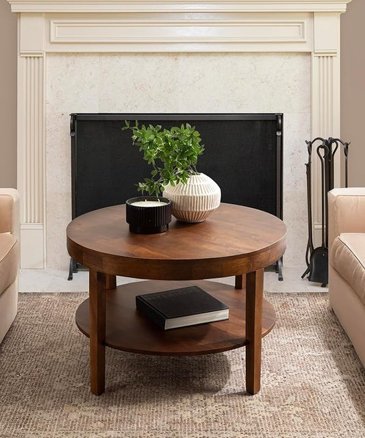 Kate and Laurel Talcott Modern Tiered Round Coffee Table, 28 x 28 x 18, Walnut Brown, Transitional Two-Tier Circle Living Room Table with Storage and Mango Wood Construction