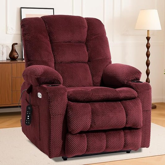 EONIX Dual Motor Wide Power Lift Recliner Chair for Elderly, Oversized Lay Flat Lift Chair with Heat and Massage and Cup Holders, 400lbs Heavy Duty Big and Tall Lift Recliner, Burgundy