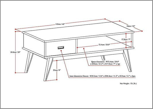 SIMPLIHOME Draper SOLID HARDWOOD 48 inch Wide Rectangle Mid Century Modern Coffee Table in Medium Auburn Brown for the Living Room and Family Room