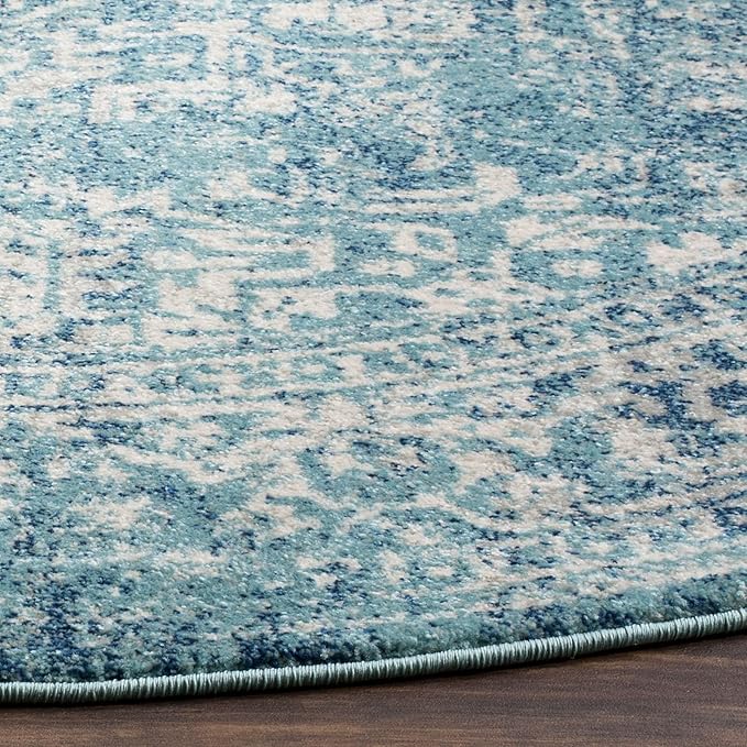 SAFAVIEH Evoke Collection Area Rug - 6'7" Round, Blue & Ivory, Distressed Design, Non-Shedding & Easy to Clean, Ideal for Living Room, Bedroom, Dining Space (EVK256C)