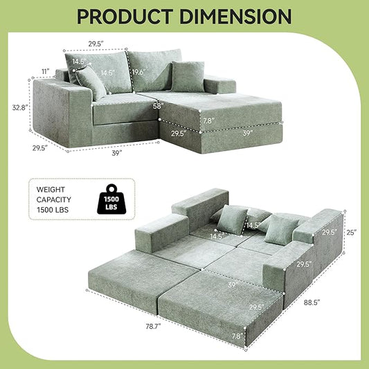 79" Boneless Loveseat Sofa Couch, Modular Foldable Floor Cloud Sofa with Ottoman, Lounge Convertible Sofa Bed for Living Room, No Assembly, Chenille Green