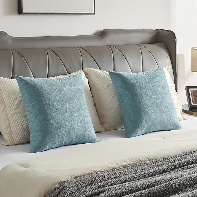FUTEI Grey Blue Velvet Throw Pillow Covers 26x26 Inch Set of 2,Soft Embossed Leaf-Relief Textured Euro Pillow Shams,Natural Home Decor for Couch Living Room