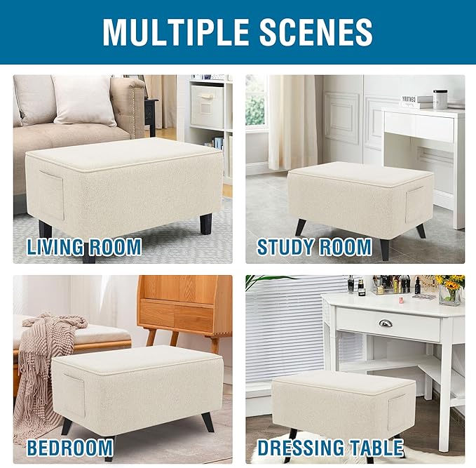 H.VERSAILTEX Sturdy Ottoman Cover Folding Storage Stool Furniture Protector Soft Rectangle Slipcover with Storage Side Pocket Fit Length 33"-34" Footrest Removable Washable - Heather Ivory