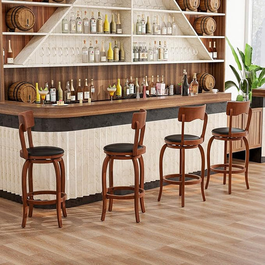 COSTWAY Bar Stools Set of 4, 29 Inch Swivel Bar Height Chairs with Rubber Wood Frame, Upholstered Seat, High Back Barstools for Kitchen Island, Home Bar, Pub, Brown (4, Seat Height: 29”)