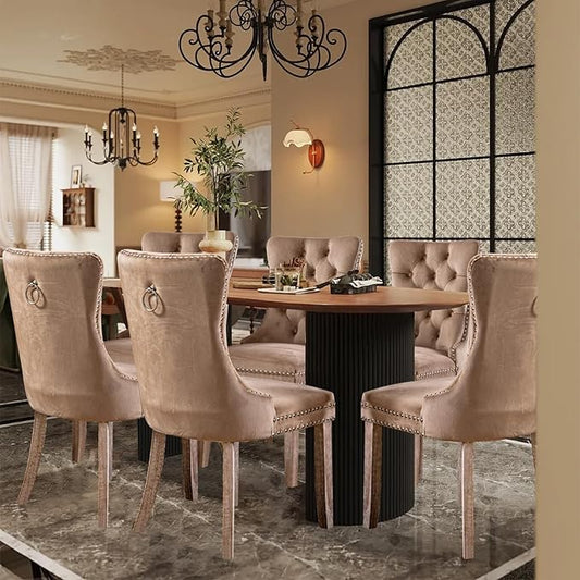 Velvet Upholstered Dining Chairs Set of 6, Modern Style Kitchen Side Chairs with Nailhead Trim and Wood Legs,Metal Pulling Ring for Dining Room Living Room(Khaki,Set of 6)