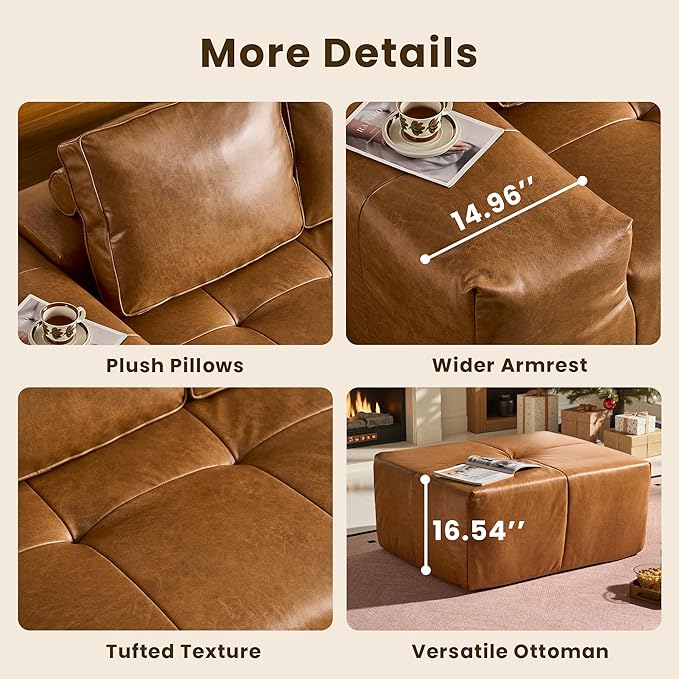 114" Cloud Sectional Couch with L-Shape Chaise & Ottoman, Modern Boneless Couches for Living Room, Fluffy Tufted Deep Seat Modular Sofa No Assembly (Faux Leather,Brown,Right Facing)