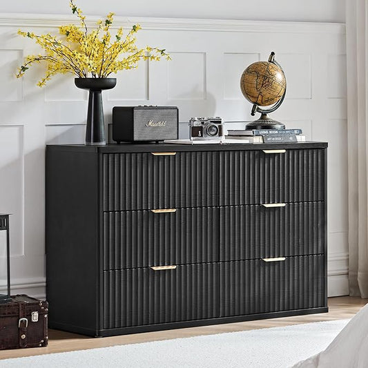 LEYAOYAO Fluted 6 Drawers Dresser Set of 2, 48" Wide Modern Chest of Drawers with Woodgrain Top, Curved Profile Design, Dresser TV Stand, Wooden Drawer Organizer for Bedroom, Living Room,Black