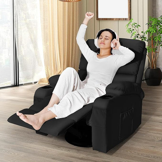 LEVELEVE Rocking Recliner Chair, Massage Rocker Recliner Chair with Vibration Massage and Heat, USB and Type-C Ports,360° Swivel Faux Leather Chairs, Living Room, Bedroom, Nursery, RV, Black