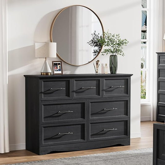 Black Farmhouse Dresser for Bedroom, Modern 7 Chest of Drawers, 47" Wide Chest of Drawers w/Brushed Metal Handle, Wood Dresser TV Stand and Storage Cabinet for Bedroom, Living Room, Hallway