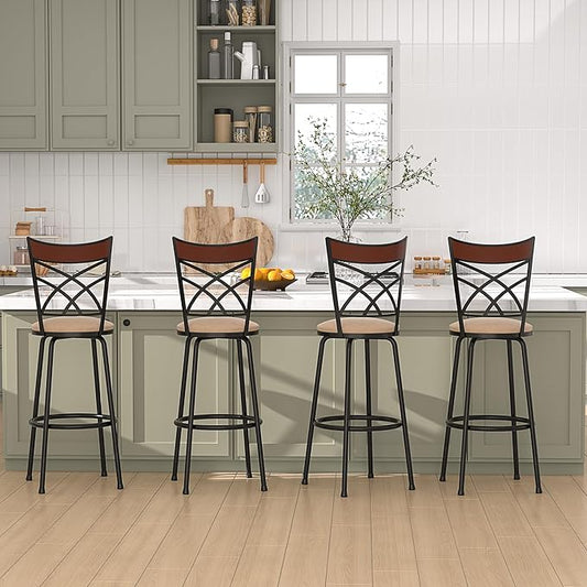 VECELO Barstools, Adjustable Counter Stools,Steel Bistro Pub Chairs,Bar Stools with 360 Degree Swivel Cushion Seat, Wood Top Rail Backrest, Set of 4