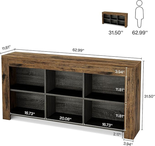 Tribesigns 63-Inch Long Console Table, Rustic Wood Entryway Table with 6 Storage Cubes, Industrial Narrow Sofa Table Behind Couch Table for Living Room, Hallway