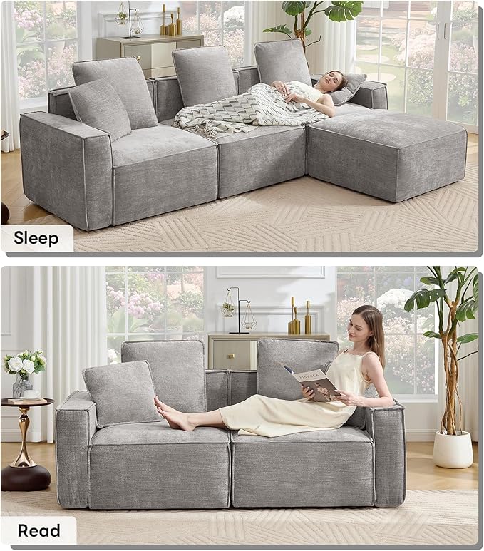 WILLOVE Modular Sectional Sofa Set, Chenille Cloud Couch with Wide Armrests & 8 Pillows, Deep Seat Couches for Living Room, 4-Seater Grey