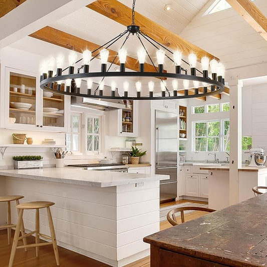 Large black wagon wheel chandelier 64 inch,30-Light Farmhouse wagon Wheel Chandeliers Round Industrial ceiling light fixtures for outdoor porch high ceilings Living Dining Room Foyer Entryway