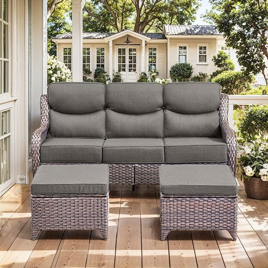 HUMMUH 8 Pieces Wicker Patio Furniture Set with Patio Swivel Chairs Set of 4,High Back Outdoor Sofa Coffee Table Ottomans,6 Inch Thick Cushions Outdoor Conversation Set for Porch, Balcony, Deck