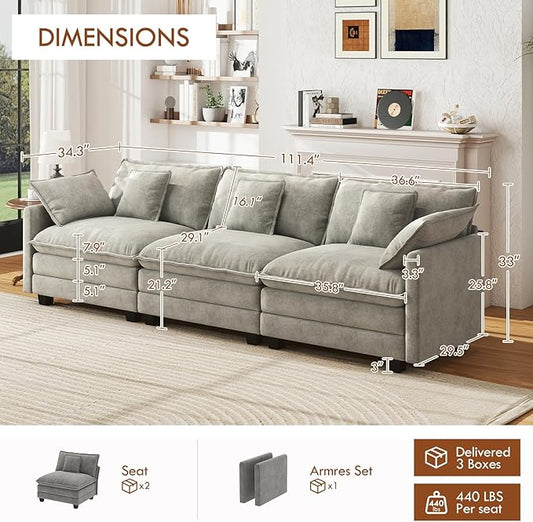 WorthFurni 111.4” Cloud Couch, Modular Sectional Sofa, Comfy Modern 3-Seater Couches with Pillows & Upholstered Deep Seat Cushion for Apartment Living Room Bedroom (Grey)