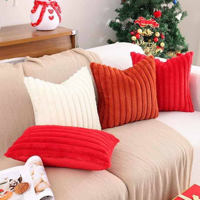 Pallene Faux Fur Plush Lumbar Christmas Throw Pillow Covers 12x20 Set of 2, Luxury Soft Fluffy Striped Decorative Pillow Covers for Sofa, Couch, Living Room, Red