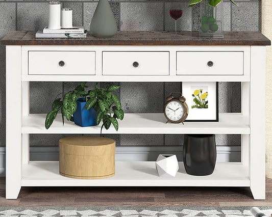 LKTART Solid Wood Console Table,Sofa Table with Storage Drawers and Bottom Shelf,Entryway Table for Entry Hallway Foyer Sofa Couch Table,Easy Assembled (48.8" Antique White)