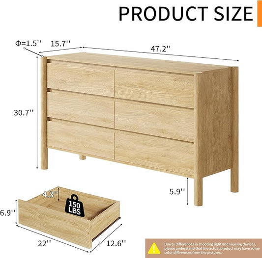 Dresser for Bedroom with 6 Drawers,47" Wide Oak Dresser with 4 Solid Wood Legs, Wooden TV Stand,Closet Clothes Organizer for Bedroom, Hallway