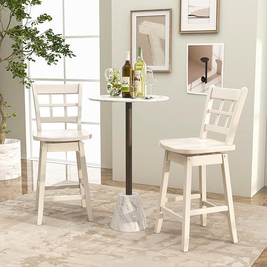 COSTWAY Swivel Bar Stools Set of 4, 24.5 Inch Counter Height Bar Chairs w/Hollow Backrest & Contoured Seat, Wooden Barstools w/Footrest for Kitchen Island, Pub, Bistro, Cafe (4, White)