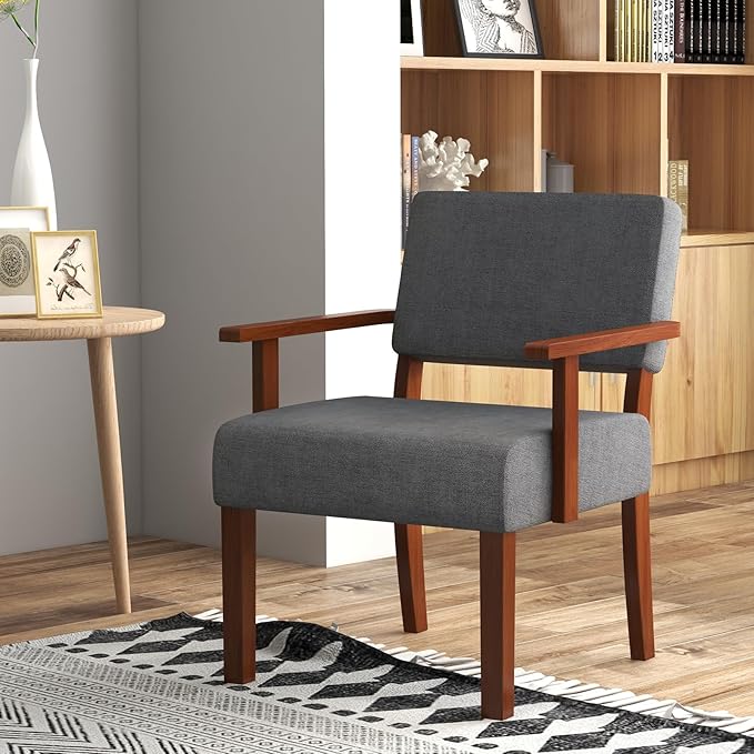 Giantex Modern Accent Chair Set of 2, Linen Living Room Arm Chair w/Soft Padded Seat & Backrest, Rubber Wood Frame, Mid Century Upholstered Reading Chair for Living Room, Bedroom, Reception, Grey