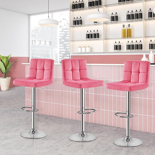 Yaheetech Pink Velvet Bar Stools, Adjustable Barstools Set of 4, Armless Swivel Counter Stools with Thickened Seat Cushion for Kitchen Island, Pink