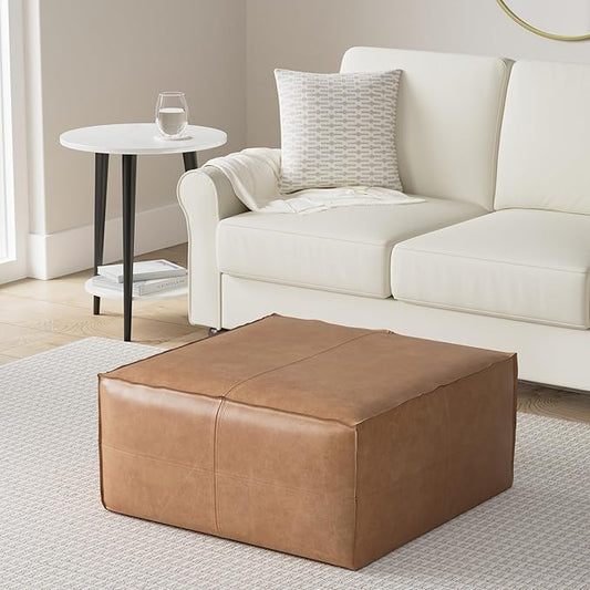 SIMPLIHOME Brody 30-inch Wide Large Square Coffee Table Pouf in Distressed Brown, Vegan Faux Leather Ottoman, Footrest, or Extra Seating for Living Room, Assembled