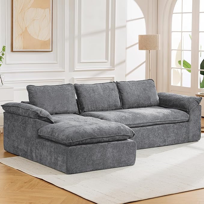 Modular Sectional Sofa, 107.5" L-Shaped Boneless Couch with Deep Seat, Modern Minimalist Upholstered Cloud Sectional Couch for Living Room Bedroom, No Assembly Required, Dark Gray Chenille