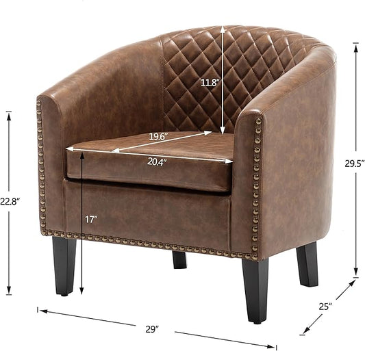 KINWELL 29" W Faux Leather Barrel Chairs Set of 2, Modern PU Upholstered Tufted Club Chairs with Nailhead Trim, Small Armchairs Accent Chairs for Living Room Bedroom Apartment Lounge Nursery, Coffee
