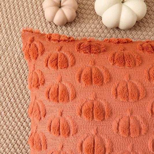 Kevin Textile Fall Pumpkins Pillow Covers 18x18 Inch Set of 2 Cute Autumn Decorative Square Pillowcases Soft Faux Fur Cushions Harvest Gift for Couch Sofa Chair Bedroom Home Decor, Rust