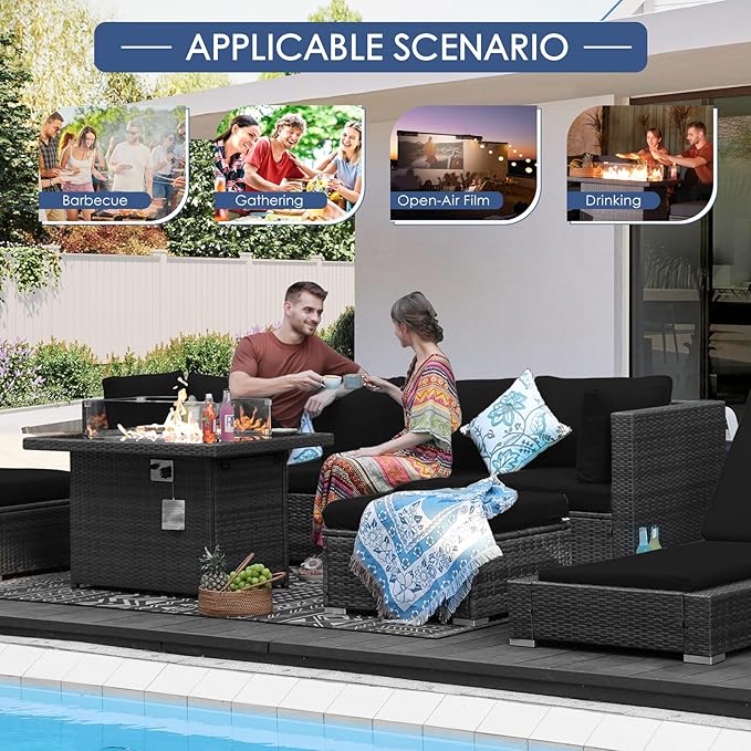 NICESOUL 10 Pcs Outdoor Sectional Set with Natural Gas/Propane Firepit Table, 29.3'' High-Back Patio Furniture Sofa Set, Oversized Rattan Couches for Backyard Garden Lawn, 2 Color Cushion Black & Gray