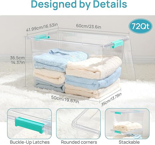 Vtopmart 1 Pack 72 QT Crystal Clear Storage Bins with Lids, 4 Pack Stackable Plastic Large Latching Boxes Totes Tubs Container for Closet Organizers and Storage, Bedroom, Clothes, Bedding