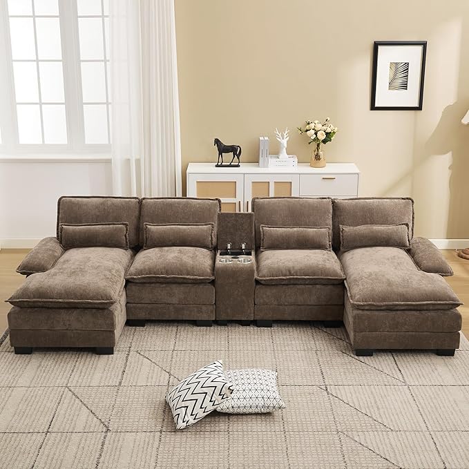 125'' U Shaped Cloud Modular Sofa with Chaise Lounges, Chenille Upholstered Comfy Sectional Couch with Storage Console, USB Charging Ports & Cup Holders, Small Deep Seat Sofa for Living Room, Brown