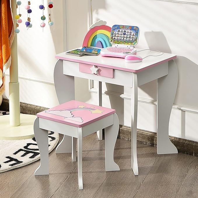 HONEY JOY Unicorn Kids Vanity, Toddler Makeup Table with Mirror and Stool, Wooden Pretend Play Vanity for Little Girls, Detachable Mirror and Storage Drawer, Kids Vanity Table and Chair Set (White)