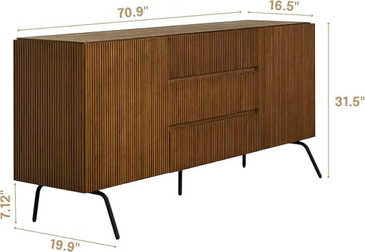 NTC Veil Large Sideboard with 2 Doors and 3 Drawers, Buffet Cabinet with Vertical Groove Design and Metal Legs, Storage Cabinet for Living Room, and Entryway, Effortless Assembly - Rustic Oak