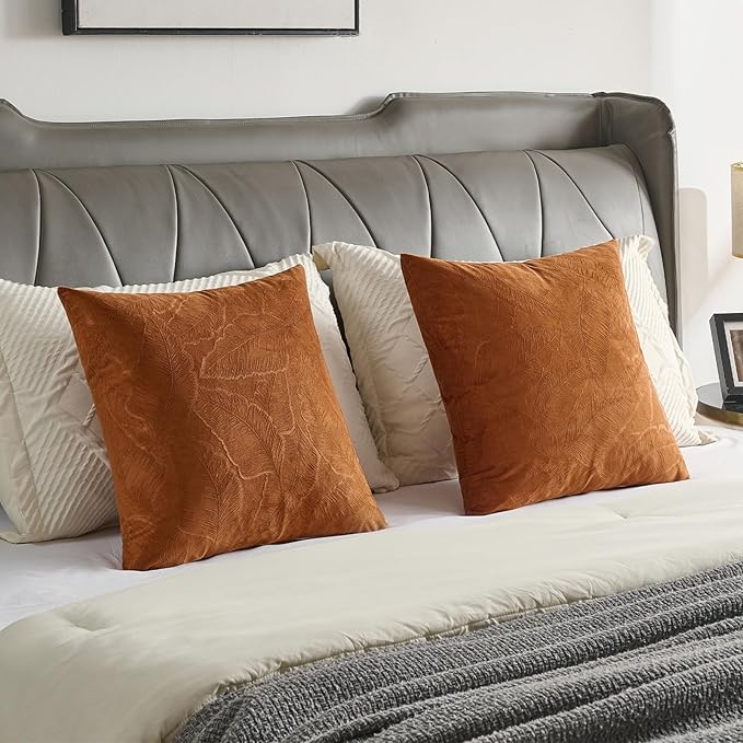 FUTEI Rust Velvet Throw Pillow Covers 18x18 Inch Set of 2,Soft Embossed Leaf-Relief Textured Cushion Cases,Natural Home Decor for Couch Living Room