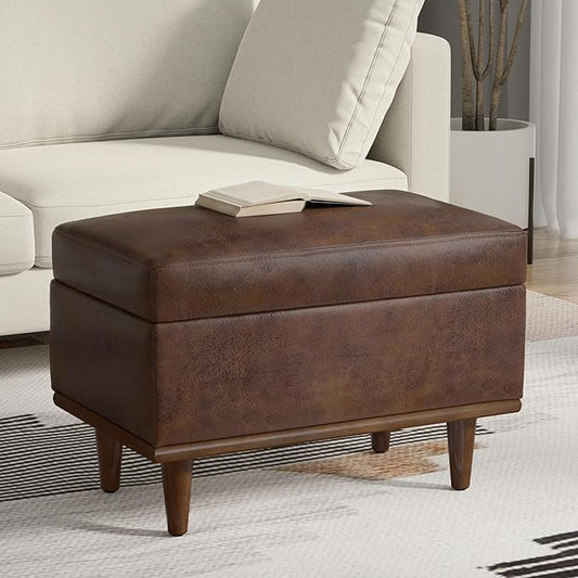 SIMPLIHOME Shiloh 26 inch Wide Transitional Contemporary Small Storage Ottoman in Distressed Chestnut Brown Vegan Faux Leather, Assembled, for The Living Room, Entryway and Family Room