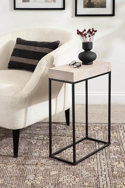 Kate and Laurel Karlsen Wood and Metal Narrow Side Table; 16 x 24 x 8; Whitewash and Black; Modern Transitional Slim Nightstand with Mixed Materials Design