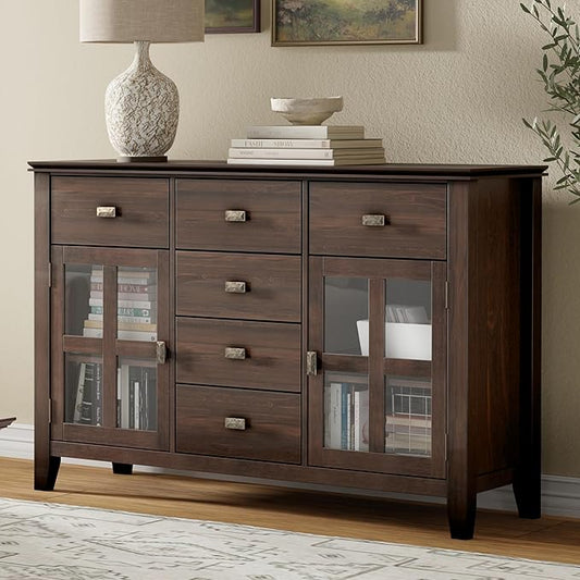 SIMPLIHOME Artisan Buffet - 54 inch Wide Solid Wood 3-Door Sideboard Buffet in Natural Aged Brown, Transitional Storage Cabinet for Dining Room or Kitchen with Adjustable Shelves and Bronze Hardware