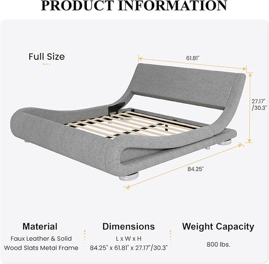 SHA CERLIN Full Size Upholstered Bed Frame, Deluxe Low Profile Sleigh Bed with Linen Ergonomics Headboard, No Box Spring Needed & Easy Assembly, Grey