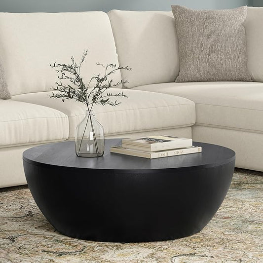 SIMPLIHOME Elmbrook Coffee Table - 34 inch Wide Solid Mango Wood Modern Industrial Round Drum Cocktail Table in Black, Sculptural Living Room Table with Low Profile Design, Assembled