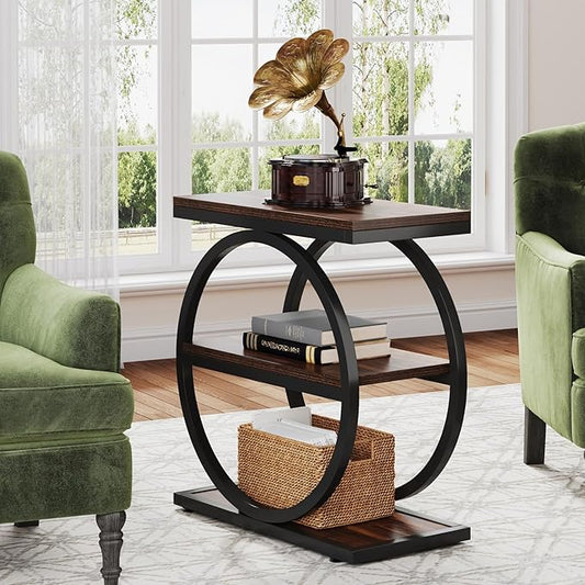 LITTLE TREE 3-Tier End Table Set of 2, Industrial Side Table with Storage Shelves, Small Sofa Side Table for Living Room, Wooden Side End Table with Round Metal Legs, Slim Nightstand and Bedside Table
