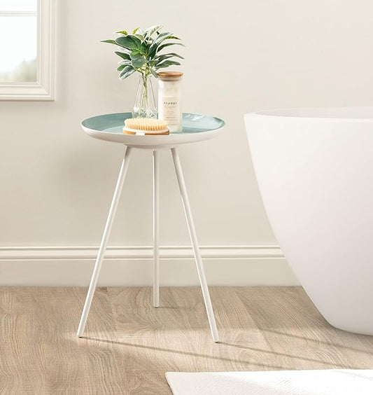 Kate and Laurel Laranya Modern Side Table; 15 x 15 x 23; Blue and White; Chic Minimalist Bedroom Nightstand Table with Hand-Applied Enamel Tabletop