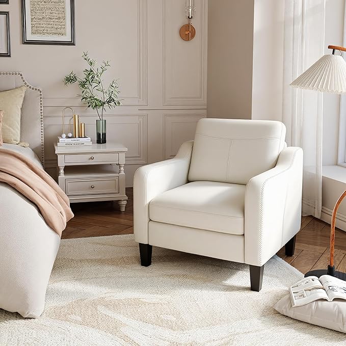 PU Leather Accent Chair Set of 2, Mid-Century Modern Living Room Armchair Sofa with Removable Cushions, Solid Wood Frame & Stitched Armrest Design, Bedroom Chair with Plastic Legs, Beige