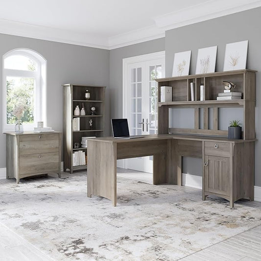 Bush Furniture Salinas L Shaped Desk with Hutch, File Cabinet and 5 Shelf Bookcase | 3 Piece Home Office Furniture Set in Driftwood Gray | L Shaped Corner Table with Storage