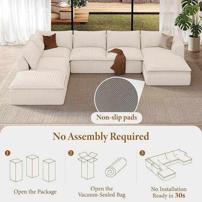 Vesgantti 141.7" Oversized Sectional Boneless Couch, Modern 7 Seater Modular Sofa with Chaise, Deep Seat Convertible Plush Corduroy Cloud Couches for Living Room, No Assembly Required, Beige
