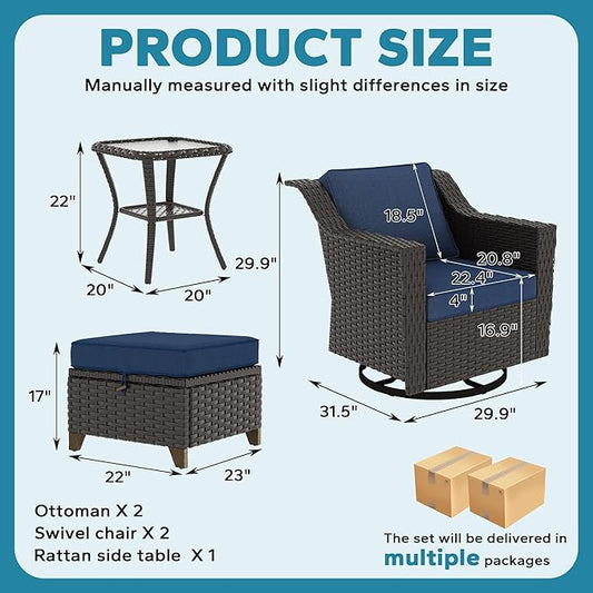 5 Pieces Patio Conversation Furniture Set - Swivel Chairs with Ottomans Set of 2, 1 Side Table, Outdoor Wicker Furniture Set with Washable Cushions for Porch, Balcony, Sunroom (Navy Blue)