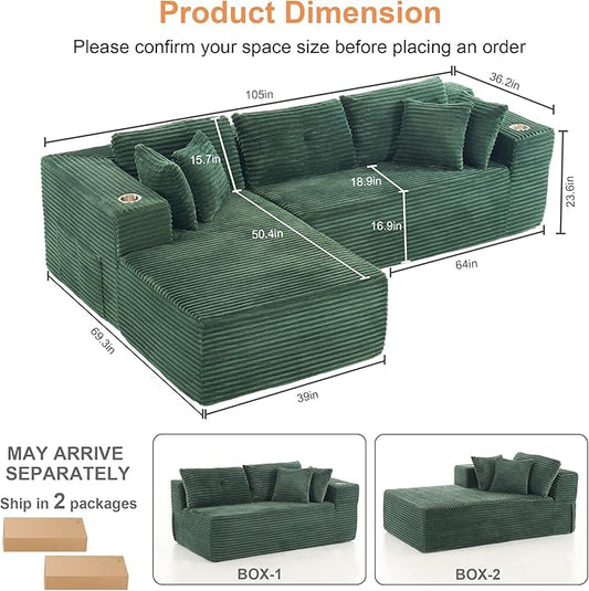 Modular Sectional Sofa, L Shaped Comfy Cloud Couch with Deep Seat, Boneless Couch for Living Room, Modern Sectional Sleeper with Chaise, No Assembly Required, Sofa in A Box, Green Corduroy